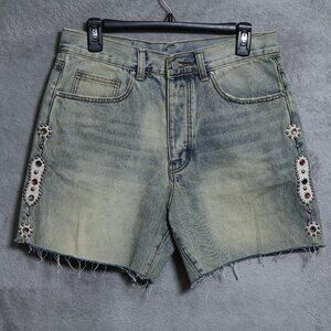 mnml Shorts Womens 32 Blue Denim Raw Hem Distressed Studded Gem Embellished Punk